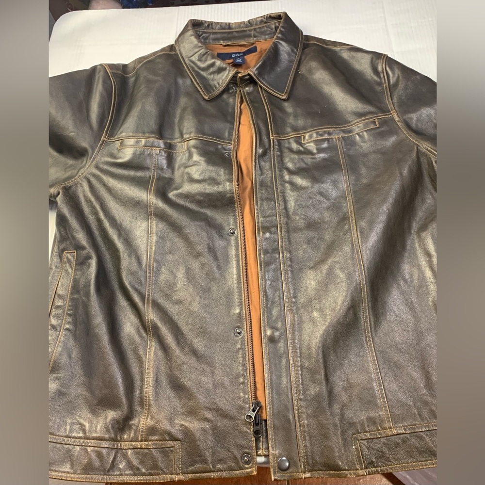Vintage GAP Leather Jacket Mens (XL) Brown Distressed Y2K Biker Moto Zip..